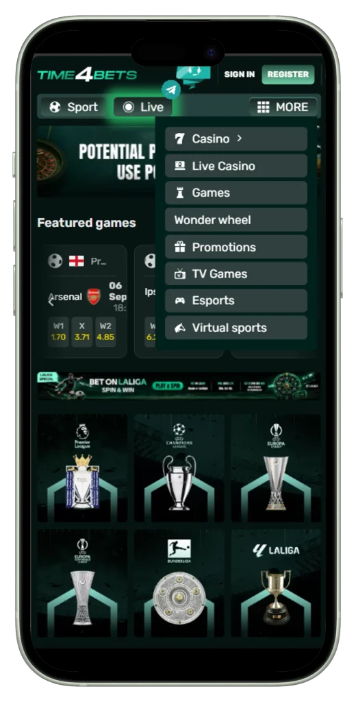 Time4Bets account cabinet on mobile