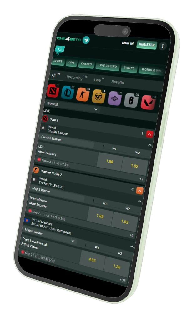 Time4Bets esports betting interface on mobile