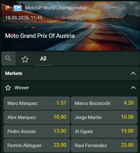 Time4Bets motorsport and racing betting markets
