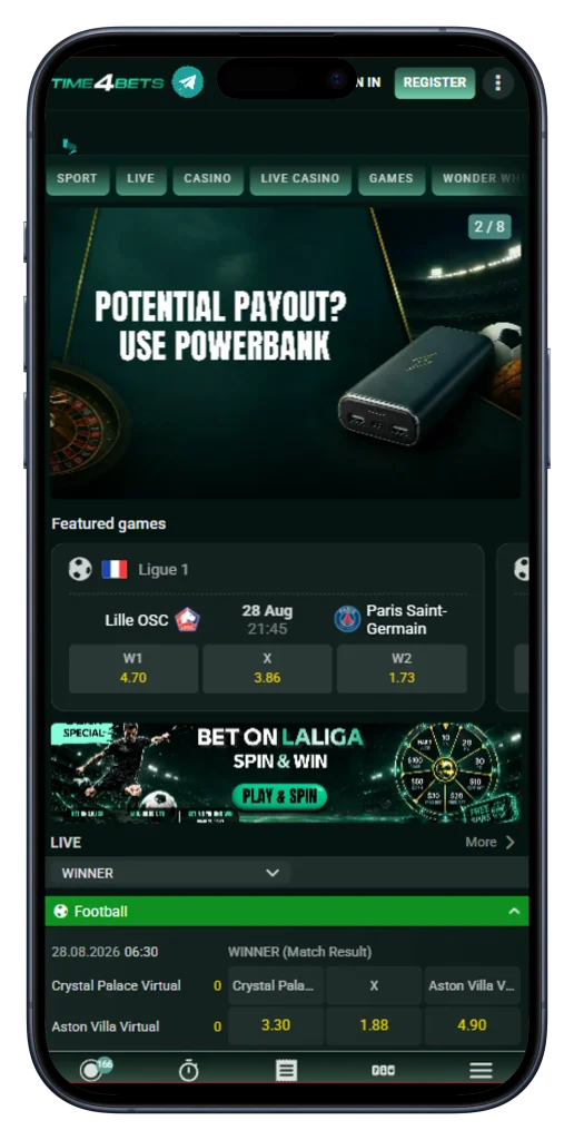 Time4Bets mobile website displayed on a smartphone