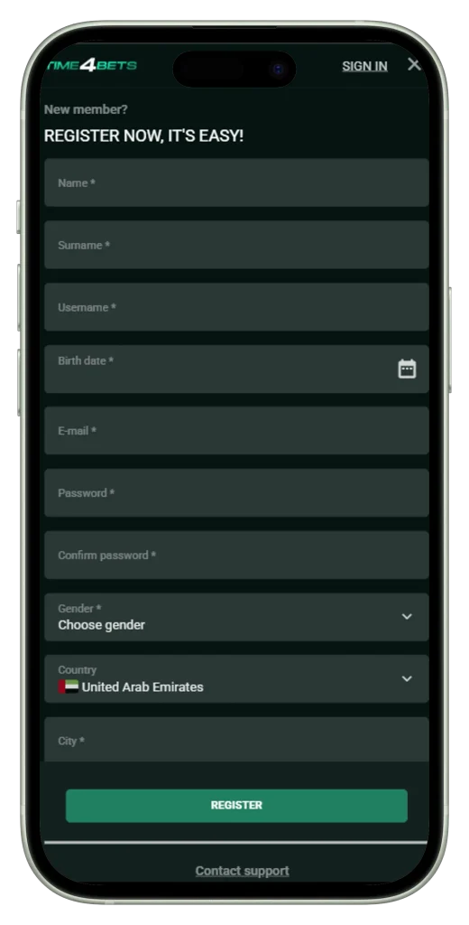 Time4Bets registration form on mobile