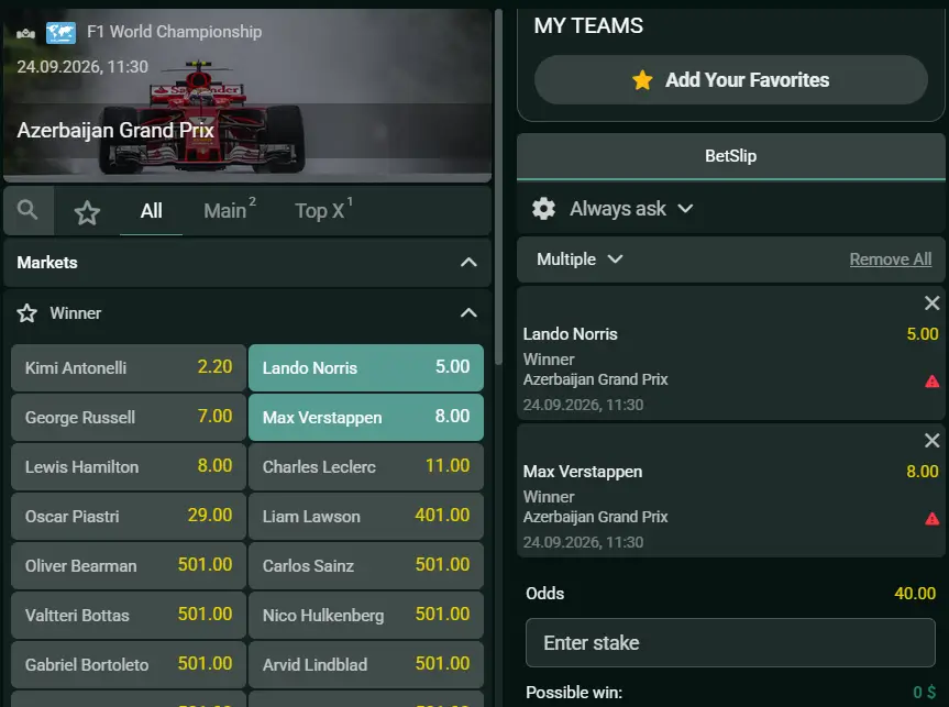 Time4Bets Formula 1 and racing betting markets