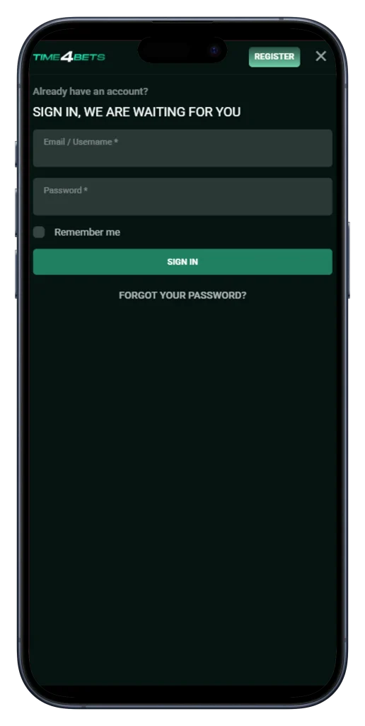 Time4Bets sign in screen on mobile